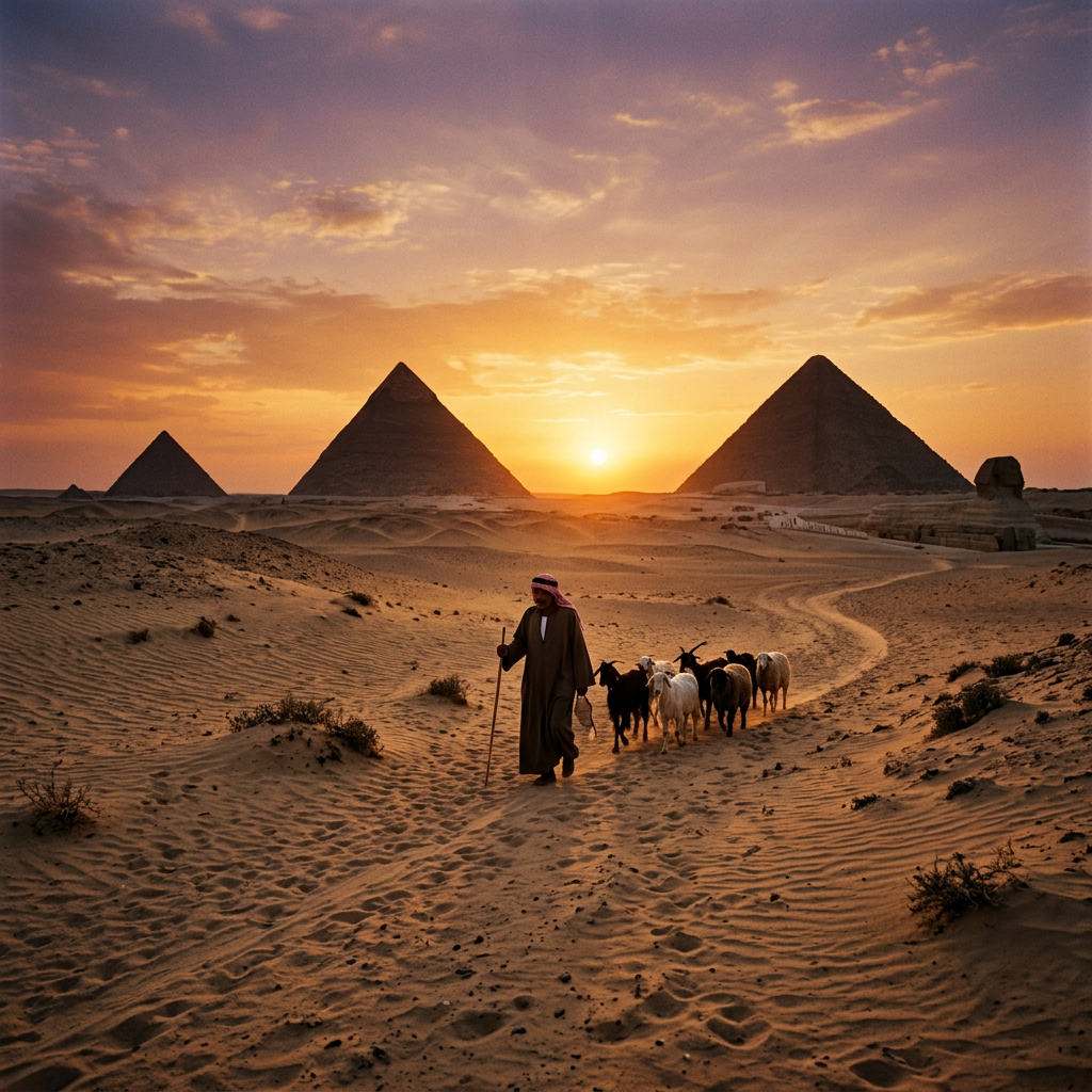 Shepherd guiding goats in desert near Great Pyramids at sunset