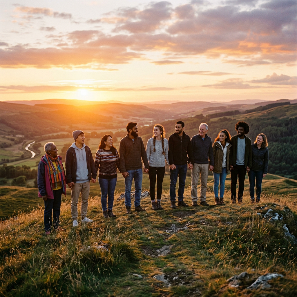 A group of ten diverse adults holding hands on a grassy hill at sunset.