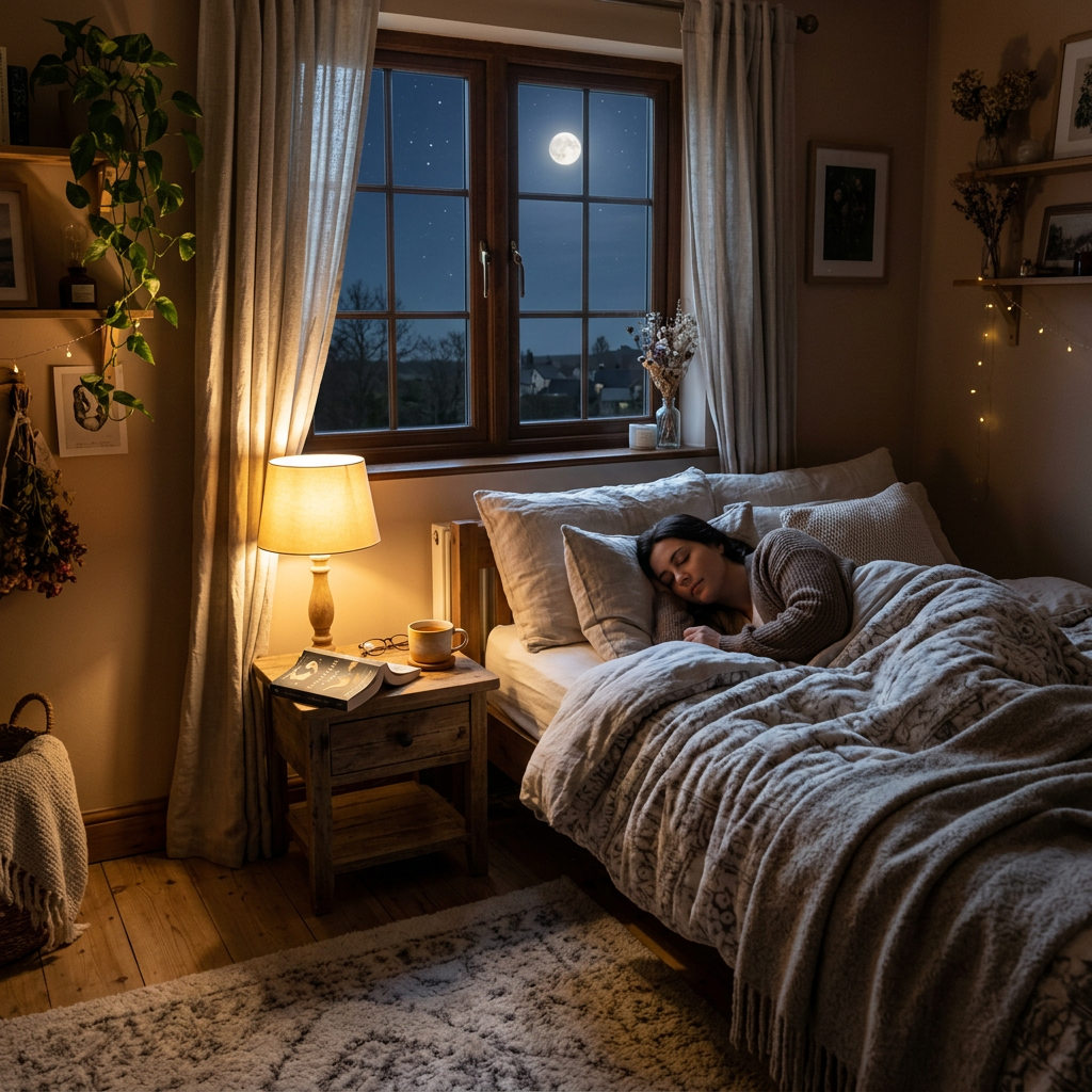 Person sleeping in bed at night with moon visible through window